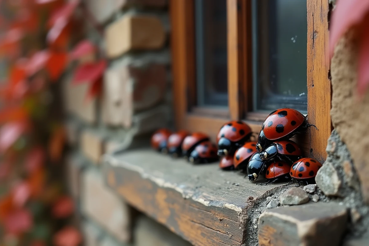 Groupe de coccinelles noires à points rouges rassemblées sur un cadre de fenêtre en bois en automne