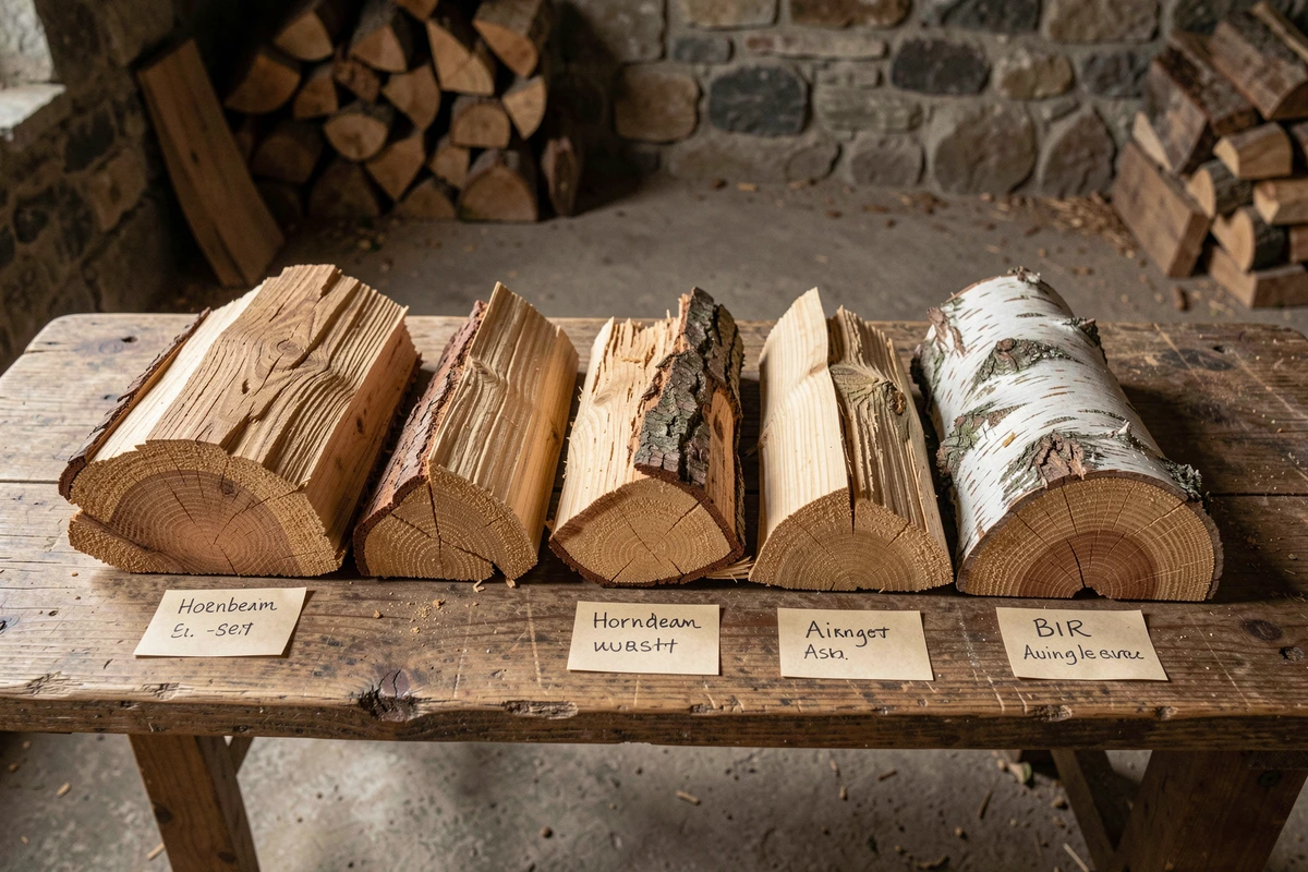 Comparaison de différentes essences de bois de chauffage coupées en bûches avec étiquettes sur table en bois