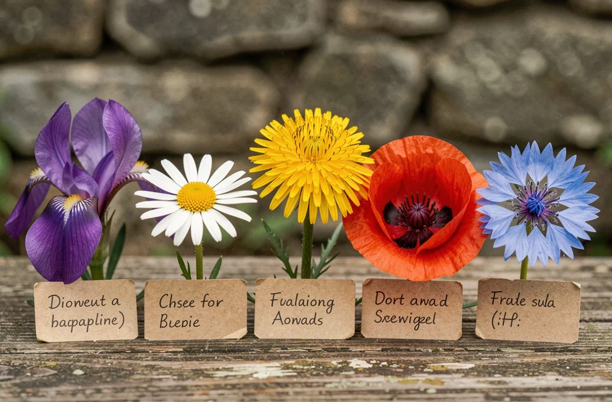 Cinq fleurs sauvages identifiées côte à côte avec étiquettes botaniques, guide visuel pour distinguer les espèces florales communes