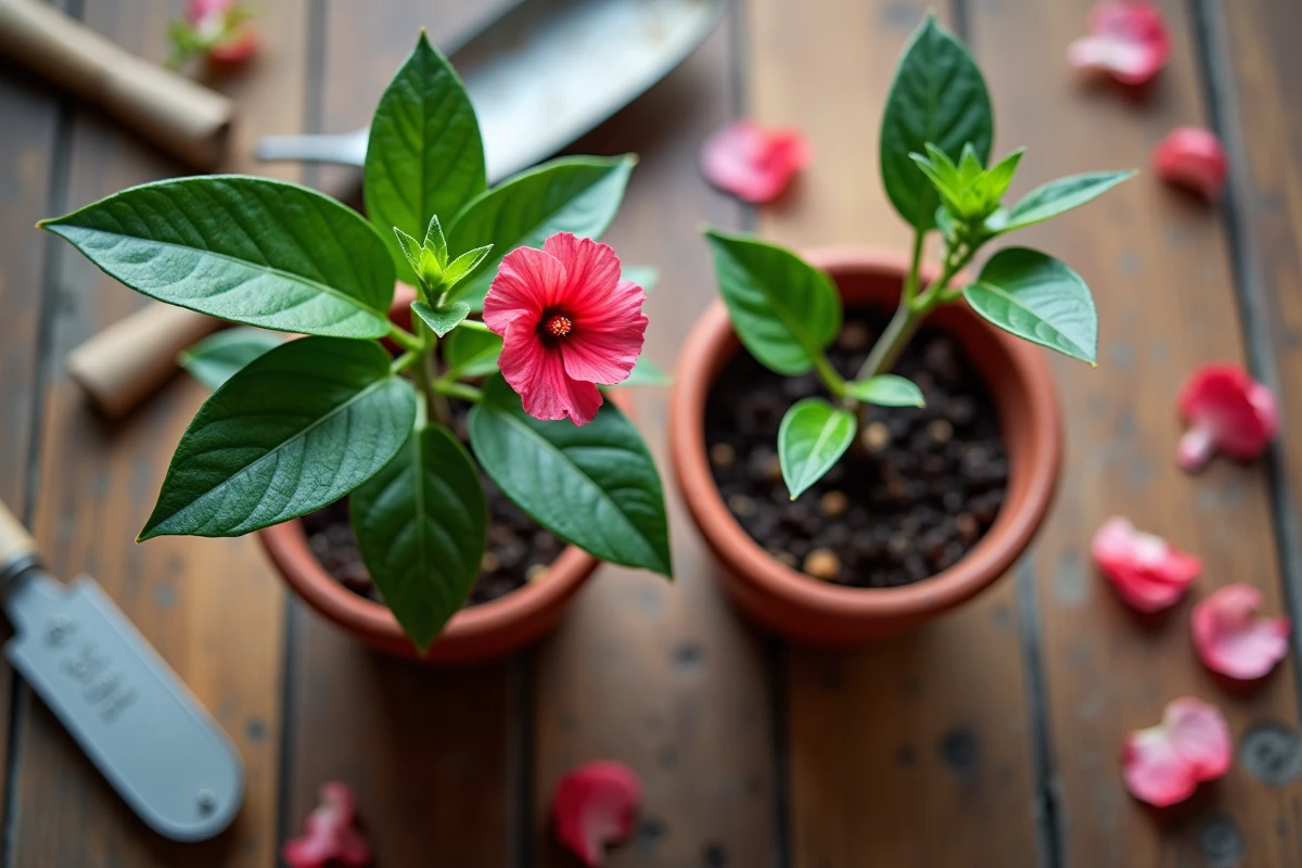 Comparaison entre un hibiscus d'intérieur en fleur et un hibiscus de jardin en dormance hivernale