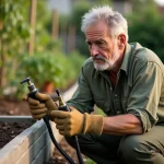 Jardinier comparant deux embouts d'arrosage de marques différentes dans un potager bien entretenu