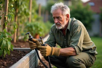 Jardinier comparant deux embouts d'arrosage de marques différentes dans un potager bien entretenu