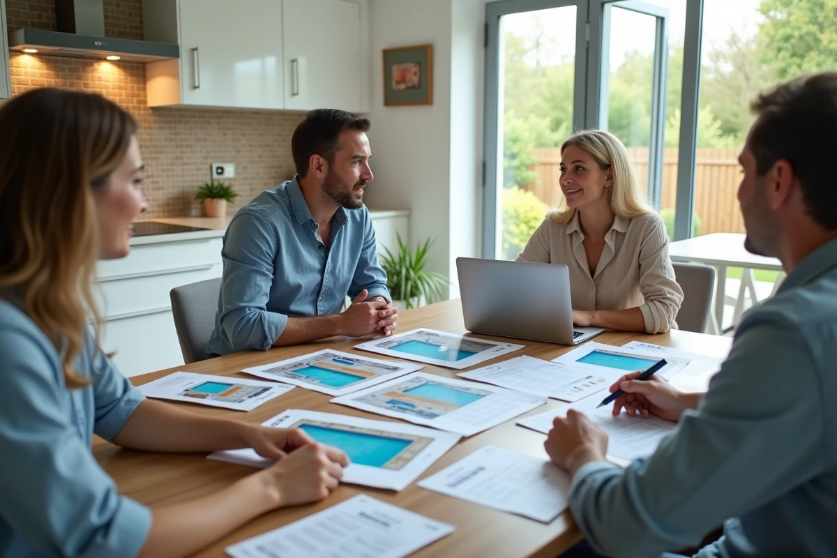 Couple de propriétaires comparant des offres d'installation de piscine coque avec des commerciaux autour d'une table de cuisine avec devis et brochures