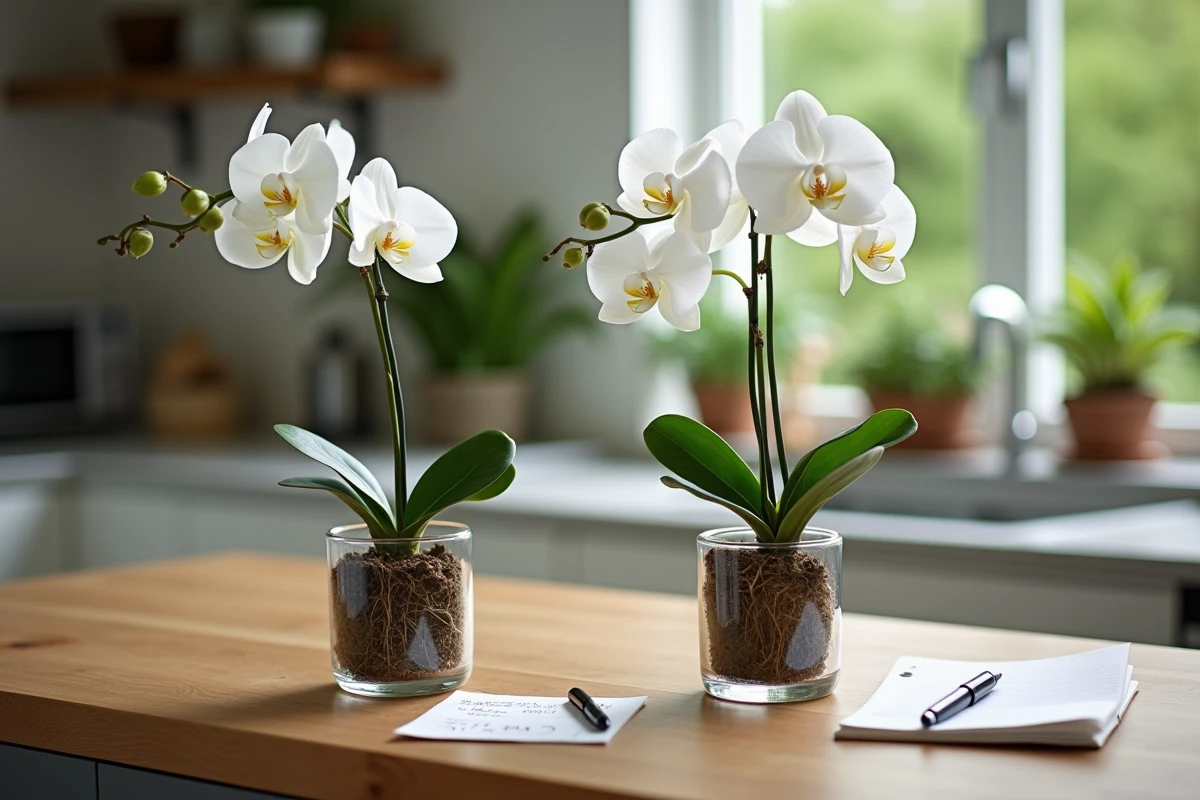 Comparaison côte à côte d'un pot orchidée fait maison en plastique recyclé et d'un pot de jardinerie transparent, avec un carnet de notes sur les coûts