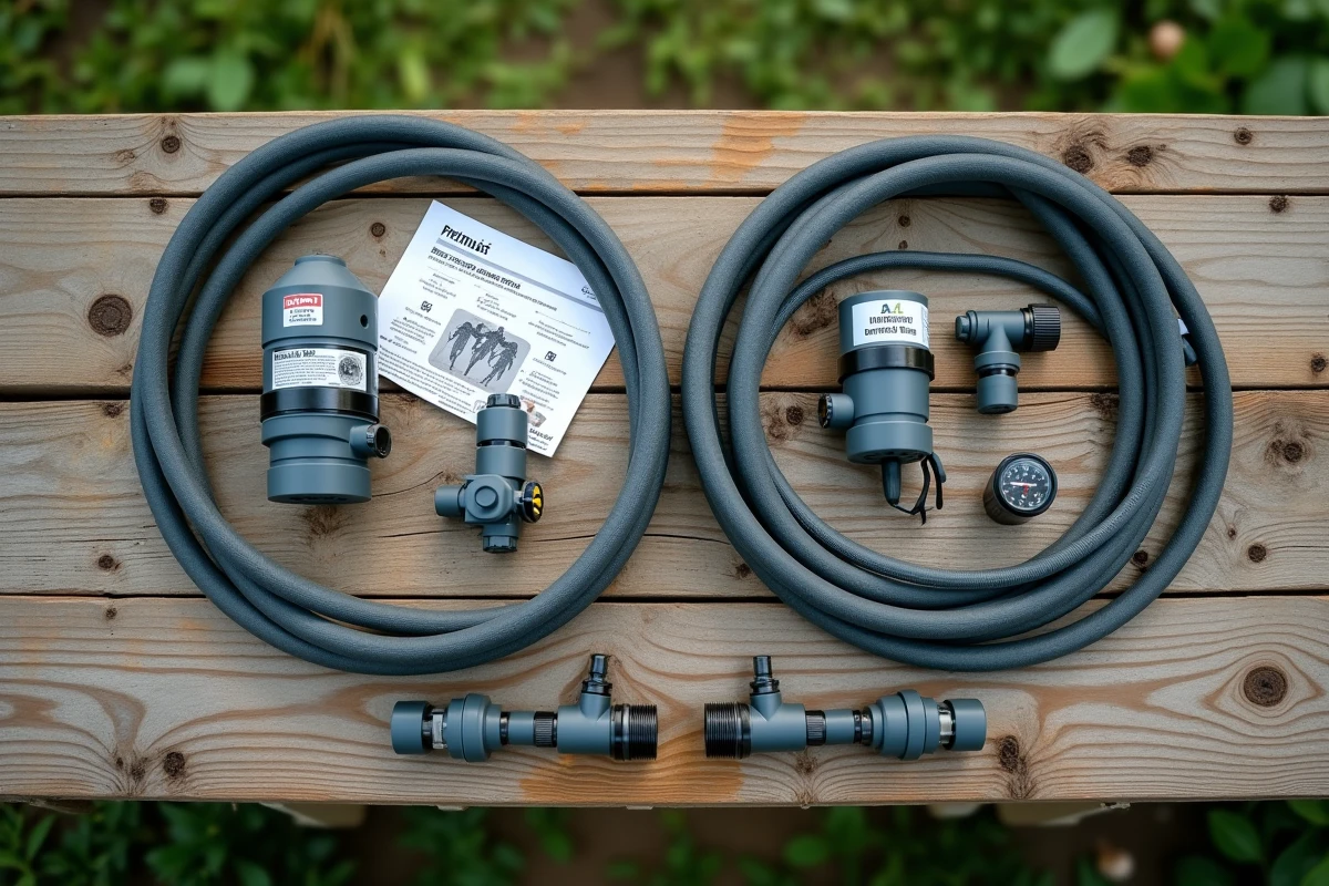Comparaison côte à côte de deux systèmes d'arrosage goutte-à-goutte sur un établi en bois, connecteurs et raccords visibles