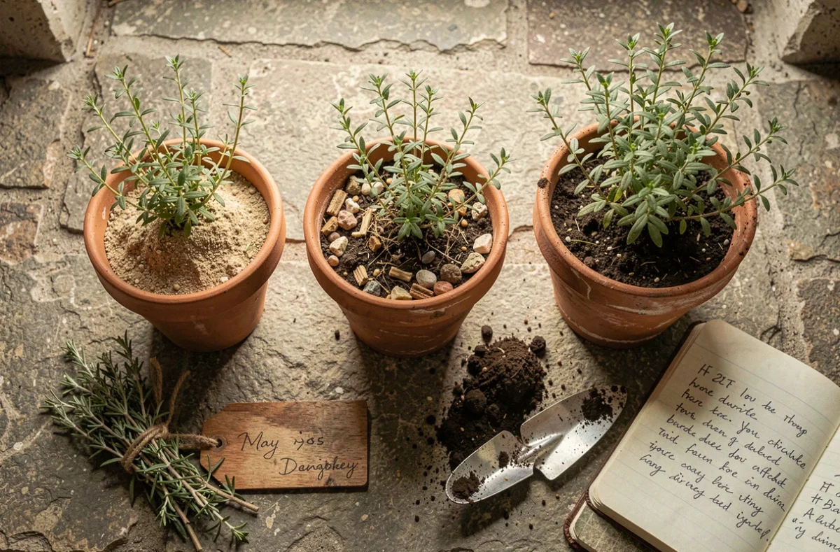 Comparaison de plants de thym cultivés sans engrais, avec compost et avec engrais en pots de terracotta sur pierre