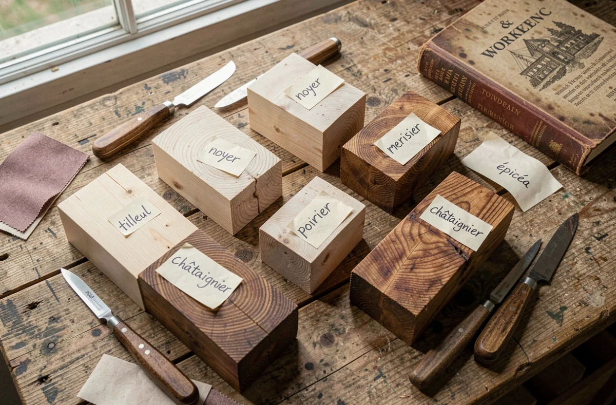 Comparatif d'essences de bois pour la sculpture : tilleul, noyer, merisier et autres bois taillables disposés sur établi