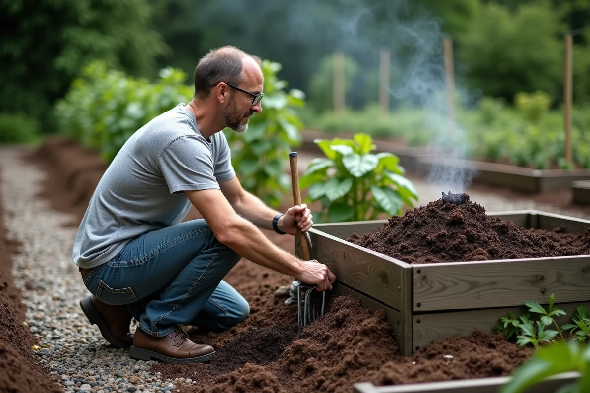 Homme retournant le compost dans un bac en bois au milieu d'un potager en carré autonome