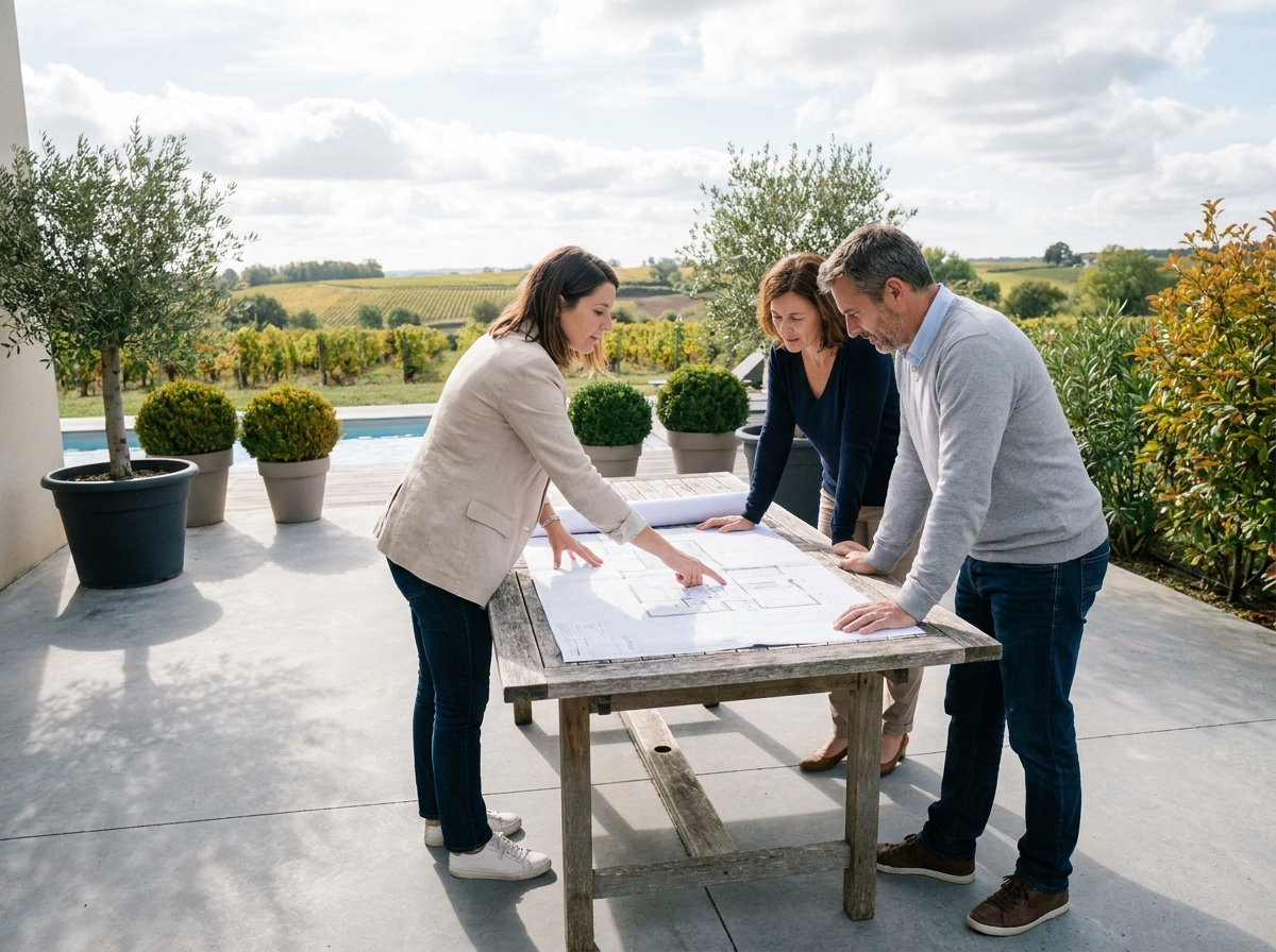 Consultante en aménagement paysager présentant un projet de jardin à des propriétaires à Bordeaux