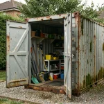 Conteneur maritime d'occasion reconverti en abri de jardin avec portes ouvertes révélant des outils rangés à l'intérieur