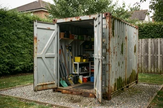 Conteneur maritime d'occasion reconverti en abri de jardin avec portes ouvertes révélant des outils rangés à l'intérieur