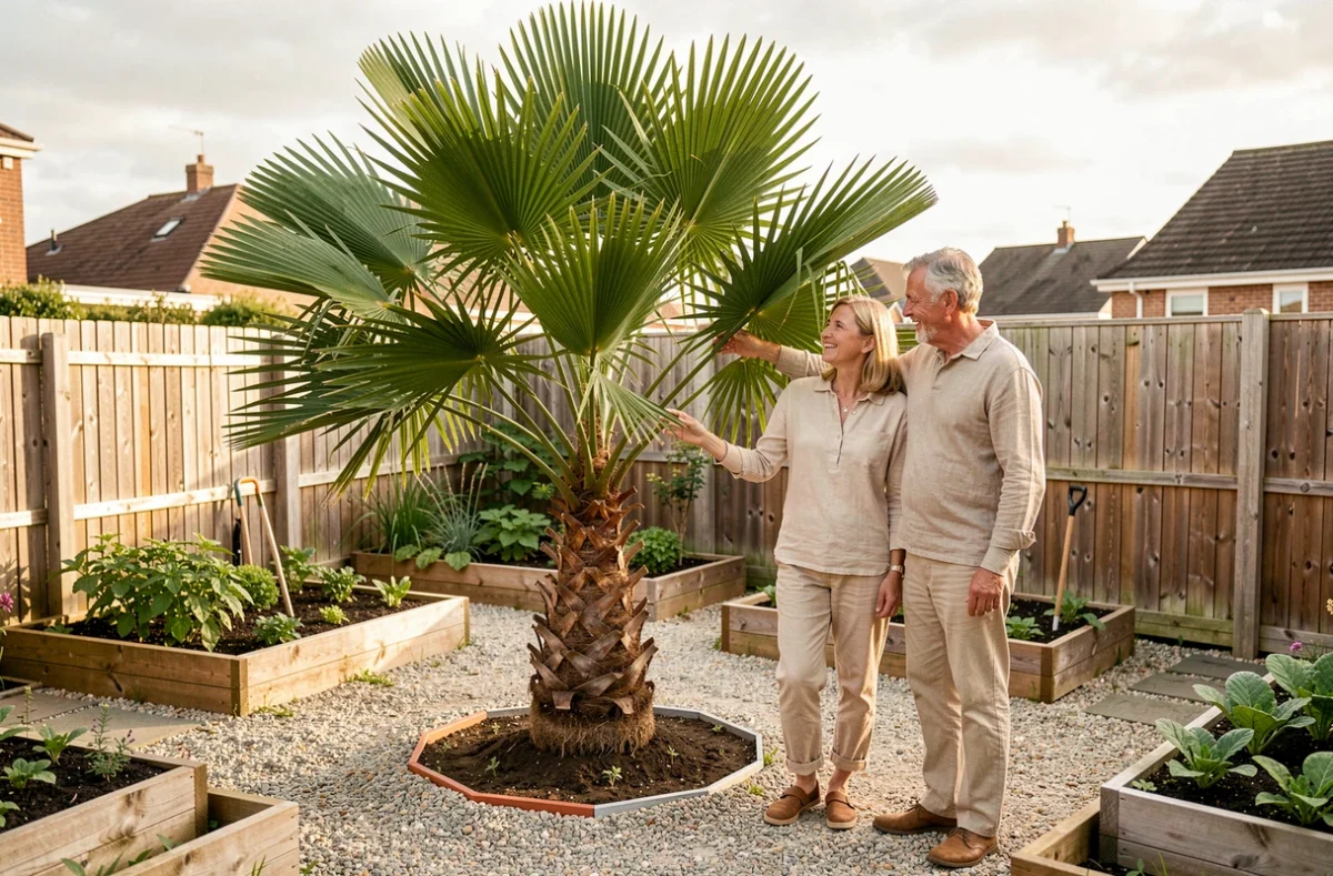 Couple admirant leur palmier Trachycarpus fortunei dans un petit jardin de banlieue