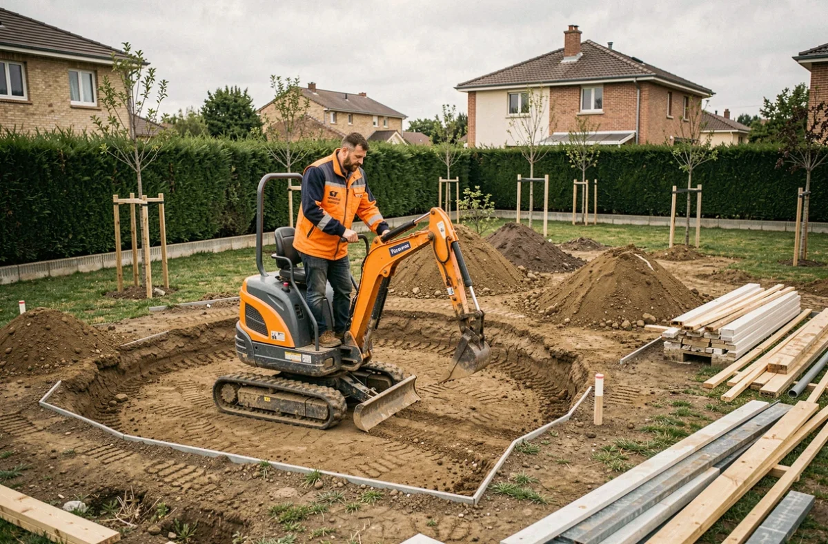 Technicien de Createck Paysage manœuvrant une mini-pelle pour aménager une terrasse de jardin au Haillan