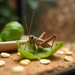 Gros plan d'un criquet adulte se nourrissant de légumes frais et de céréales dans un terrarium en verre