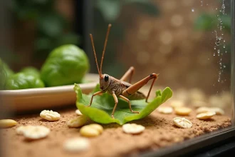 Gros plan d'un criquet adulte se nourrissant de légumes frais et de céréales dans un terrarium en verre