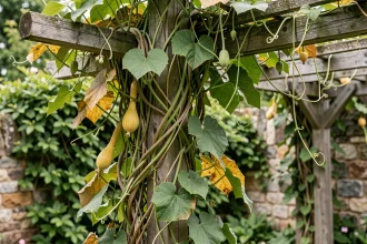 Tiges grimpantes de cucurbitacées s'enroulant autour d'un treillis en bois dans un jardin botanique, avec jeunes courges et vrilles en gros plan