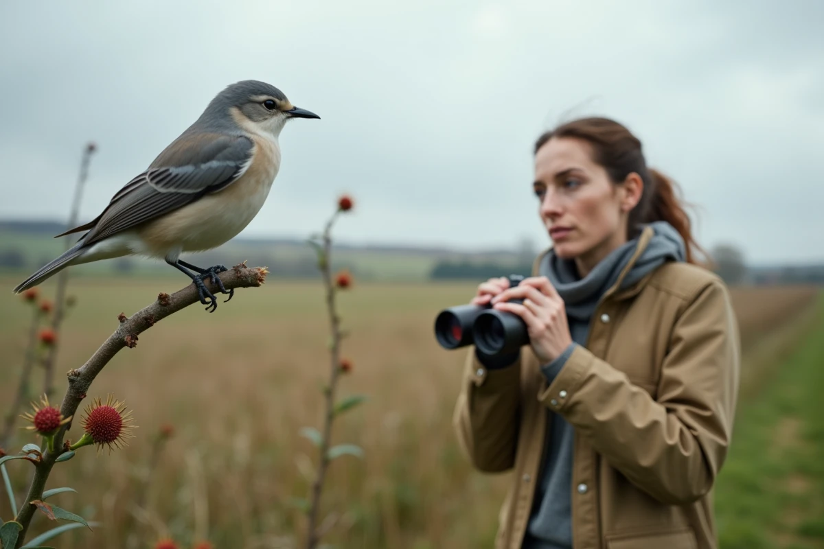 Débutante en ornithologie observant un petit oiseau gris et blanc dans une prairie avec des jumelles, scène naturaliste