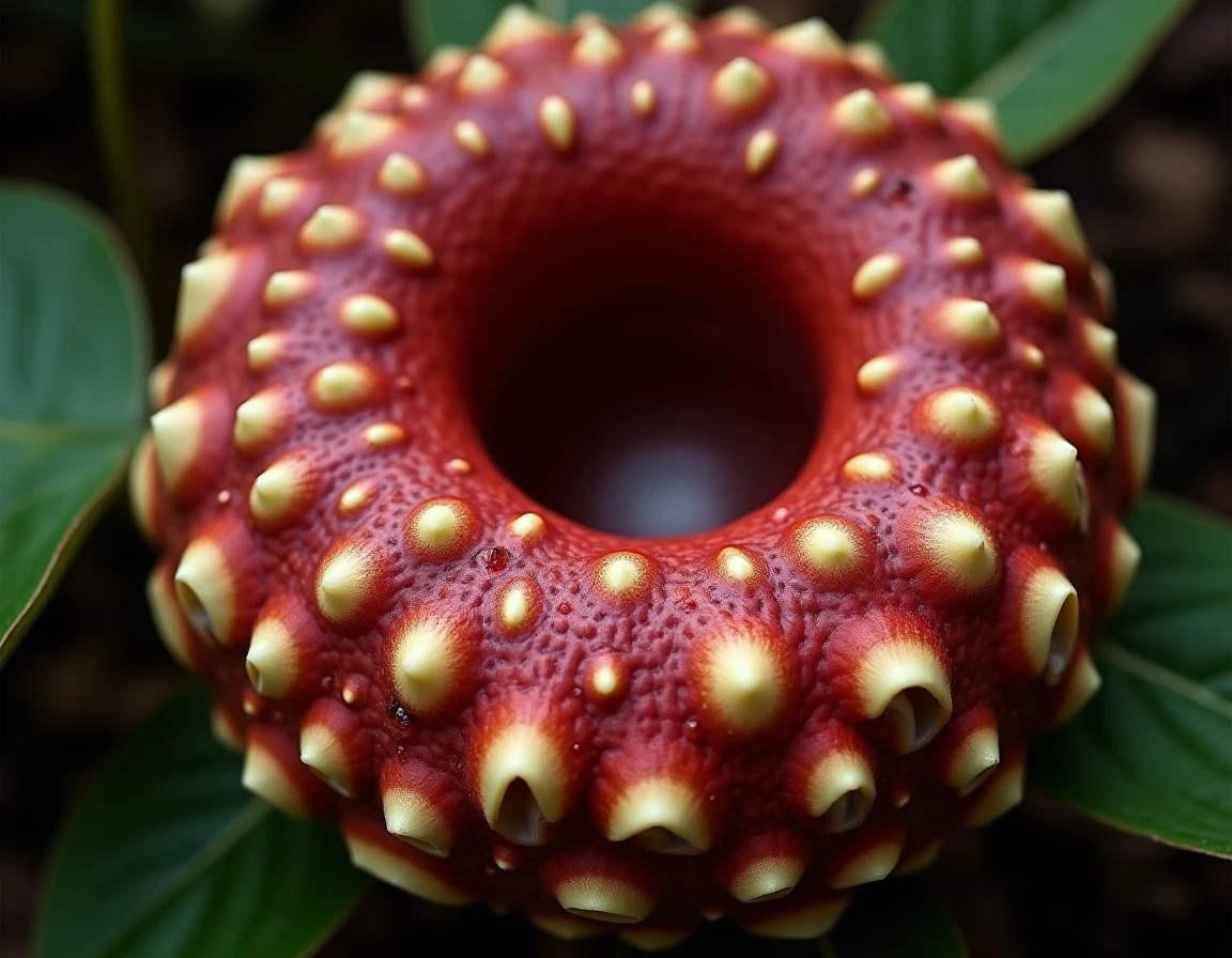 Vue macro ultra-détaillée de la surface d'un pétale de Rafflesia arnoldii montrant ses protubérances crème caractéristiques sur fond rouge bordeaux avec des gouttelettes d'humidité