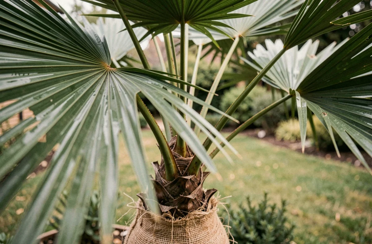 Détail des palmes et du tronc fibreux du Trachycarpus fortunei en gros plan