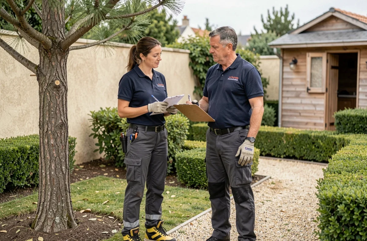 Deux élagueurs professionnels consultant un devis dans un jardin après élagage d'un pin maritime