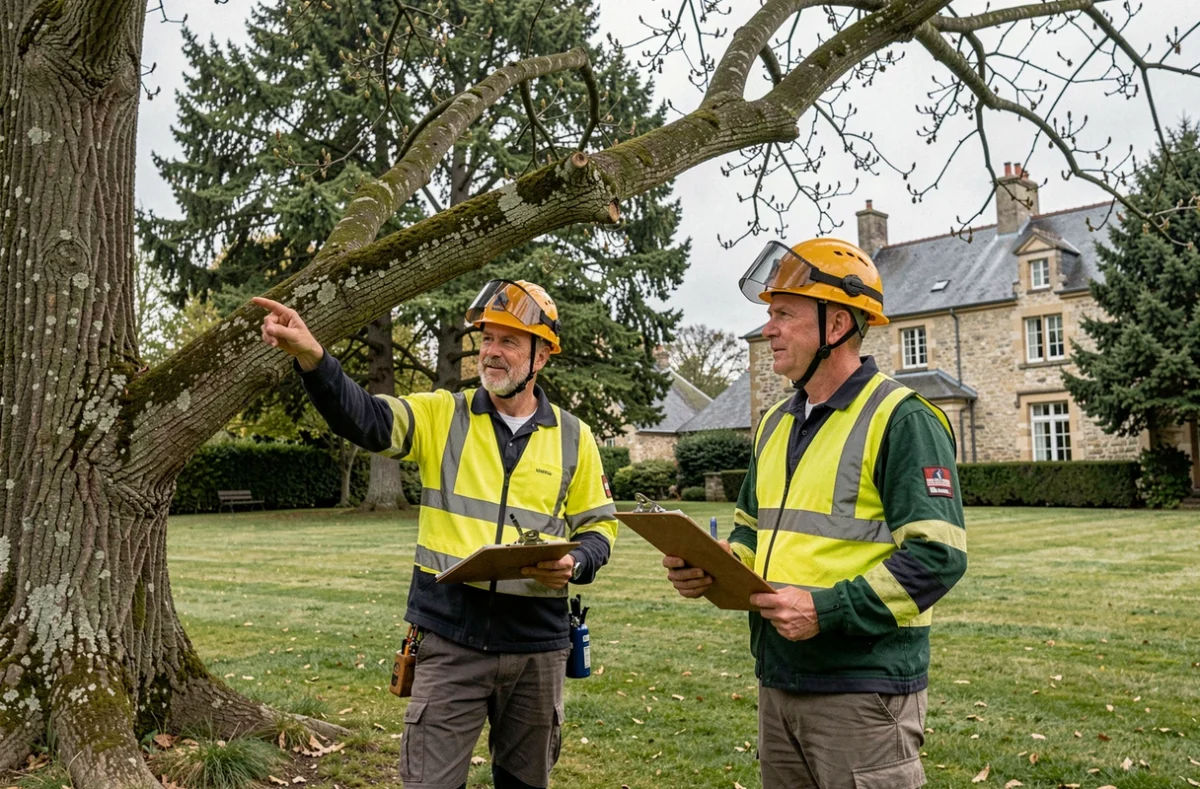 Deux élagueurs réalisant un devis et une inspection des arbres avant travaux dans une propriété française