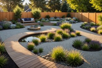 Jardin aménagé avec mobilier esthétique et plantes luxuriantes