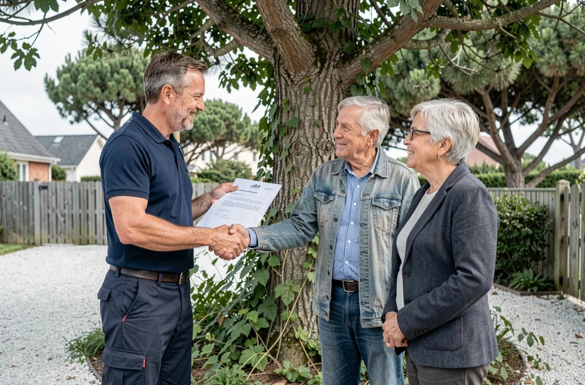 Élagueur remettant un devis à des propriétaires devant un grand arbre dans un jardin de La Baule