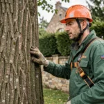 Élagueur professionnel inspectant un grand chêne dans un jardin résidentiel avant une intervention d'élagage