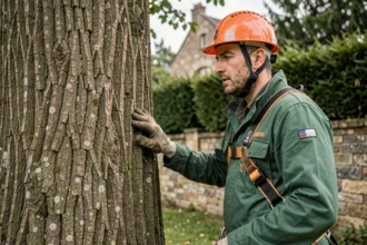 Élagueur professionnel inspectant un grand chêne dans un jardin résidentiel avant une intervention d'élagage
