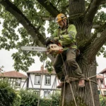 Élagueur professionnel en train d'élaguer un grand chêne dans un jardin urbain de Bayonne avec harnais et casque de sécurité