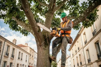 Élagueur professionnel en hauteur dans un arbre à La Rochelle avec équipements de sécurité complets