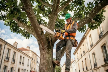 Élagueur professionnel en hauteur dans un arbre à La Rochelle avec équipements de sécurité complets