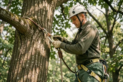 Élagueur professionnel vérifiant sa longe de maintien fixée à une branche de chêne en hauteur