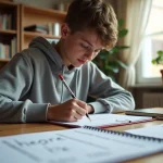 Élève adolescent faisant ses devoirs de maths sur les conversions d'hectares et d'ares dans un cahier posé sur un bureau en bois