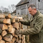 Homme empilant des bûches de chêne et hêtre en stère contre un mur en pierre en milieu rural