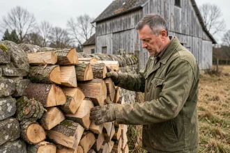 Homme empilant des bûches de chêne et hêtre en stère contre un mur en pierre en milieu rural