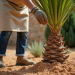 Jardinière épandant de l'engrais granulaire autour d'un palmier en pleine terre dans un jardin méditerranéen