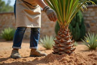Jardinière épandant de l'engrais granulaire autour d'un palmier en pleine terre dans un jardin méditerranéen