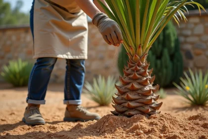 Jardinière épandant de l'engrais granulaire autour d'un palmier en pleine terre dans un jardin méditerranéen