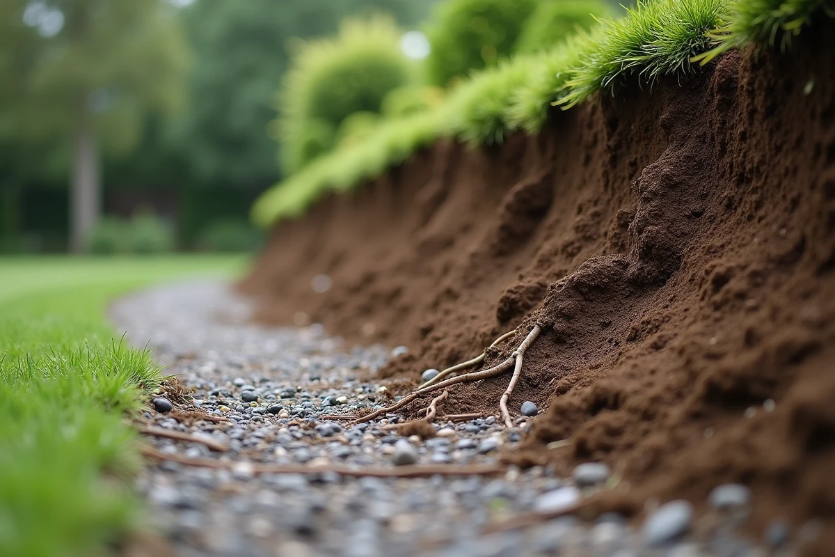 Talus de jardin avec érosion visible du sol et enjeux de sécurité le long d'un chemin en pente