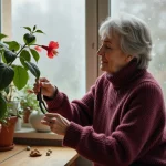 Femme entretenant un hibiscus d'intérieur en hiver près d'une fenêtre givrée