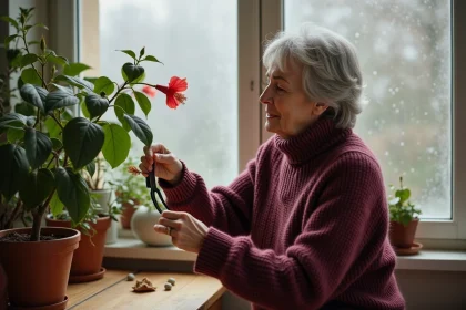 Femme entretenant un hibiscus d'intérieur en hiver près d'une fenêtre givrée