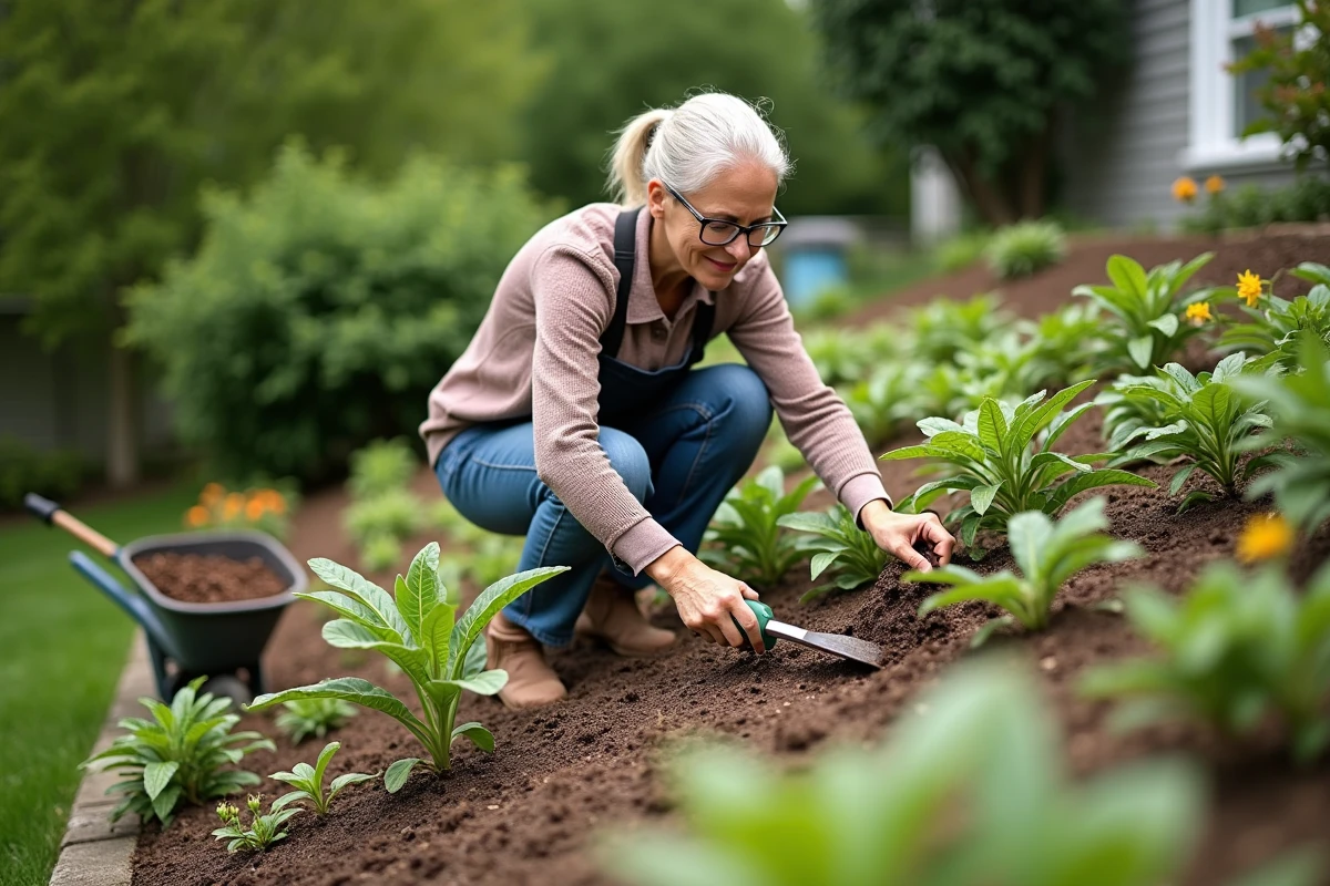 Entretien régulier d'un talus de jardin pour prévenir le ruissellement avec désherbage et mulchage des pentes