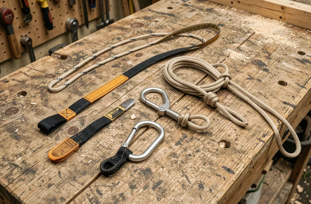 Équipements de longe de maintien pour élagage présentés sur un établi en bois, carabiners et cordes