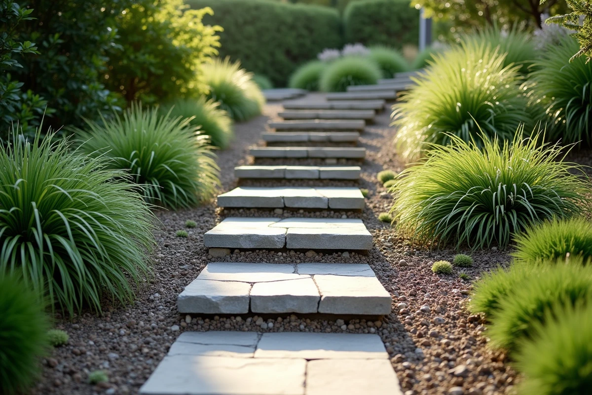 Escaliers en pierre naturelle et paliers en gravier pour sécuriser la circulation sur un talus de jardin en pente