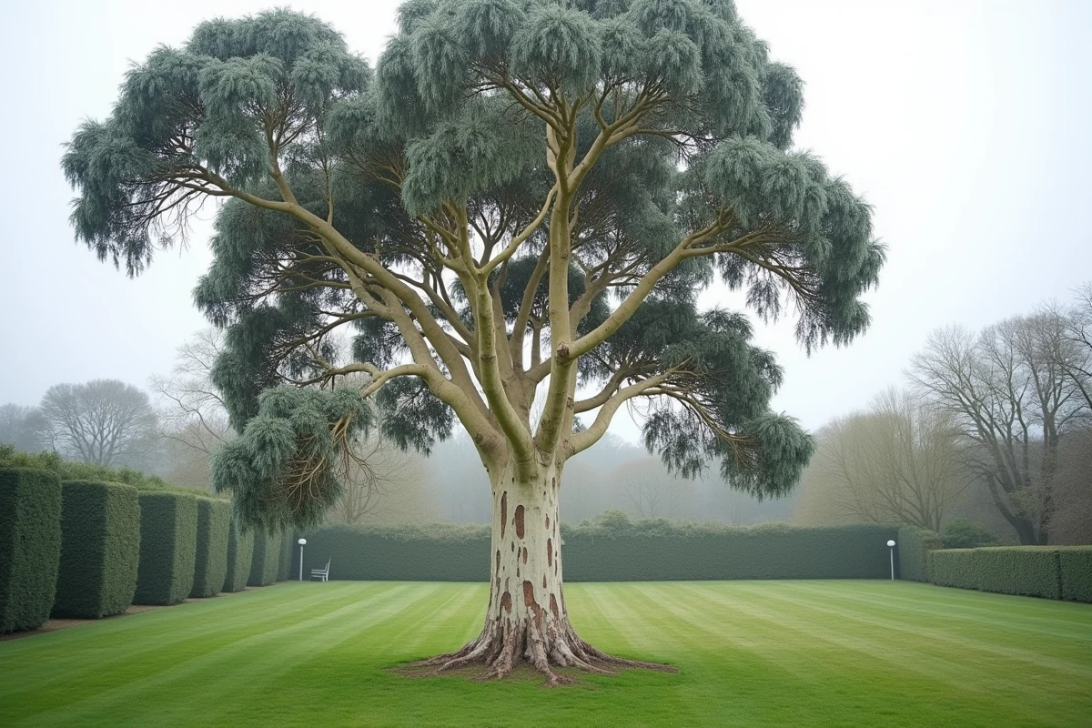Eucalyptus Cider Gum adulte au jardin avec son écorce caractéristique et son feuillage bleu-argenté
