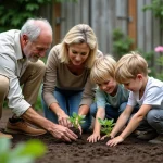 Trois générations de famille plantant des jeunes légumes dans le jardin