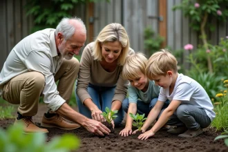 Trois générations de famille plantant des jeunes légumes dans le jardin