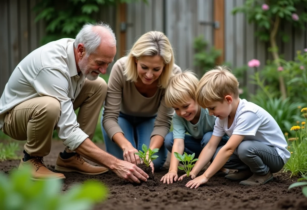 Trois générations de famille plantant des jeunes légumes dans le jardin