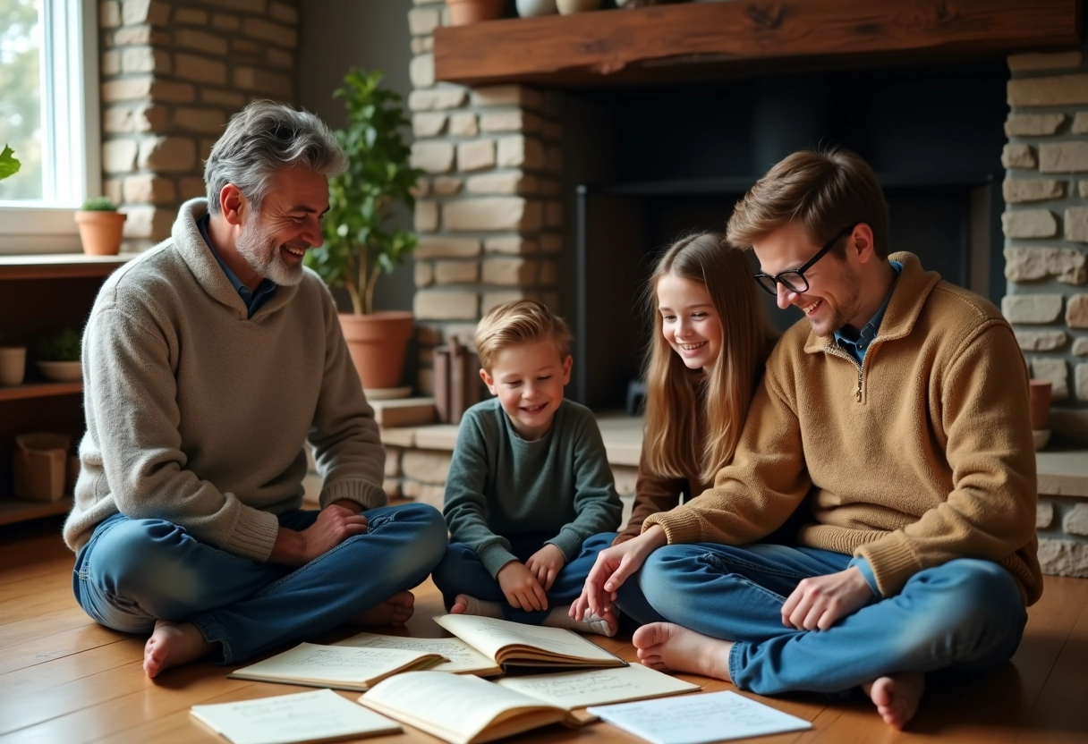 Famille partageant des souvenirs avec albums et lettres anciennes
